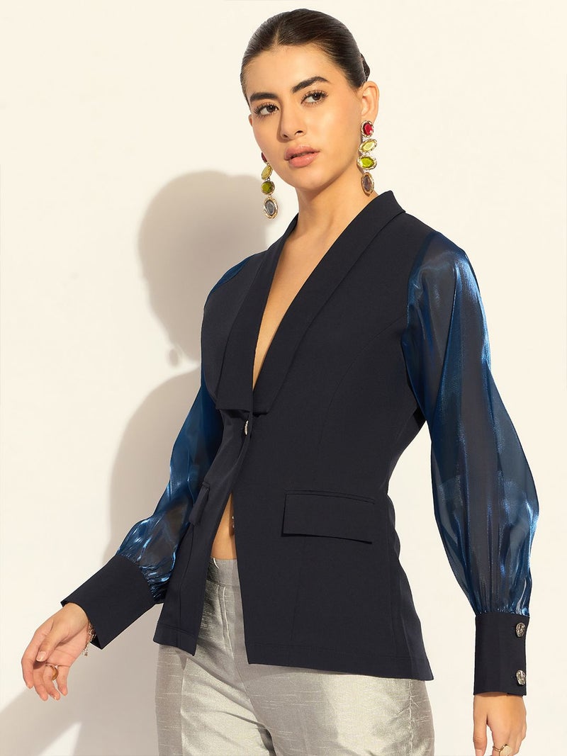 Powersutra Navy Blue Puffed-Sleeves Top for Women - Image 3