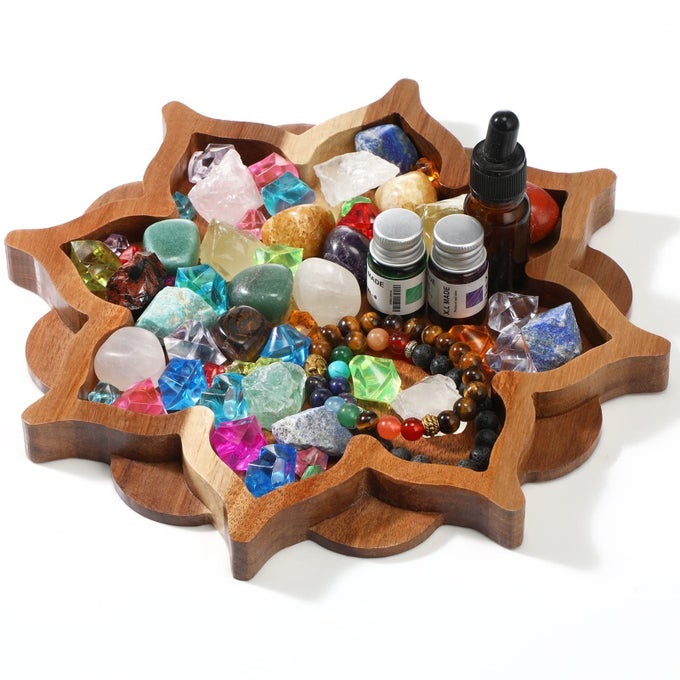 LOTUS CRYSTAL TRAY FOR STONES CRYSTALS AND HEALING STONES FLOWER WOODEN CRYSTAL STORAGE HOLDER TRAY LOTUS SHAPE DECORATIVE JEWELRY DISPLAY TRAYS ORGANIZER BOWL DECORELEGANT