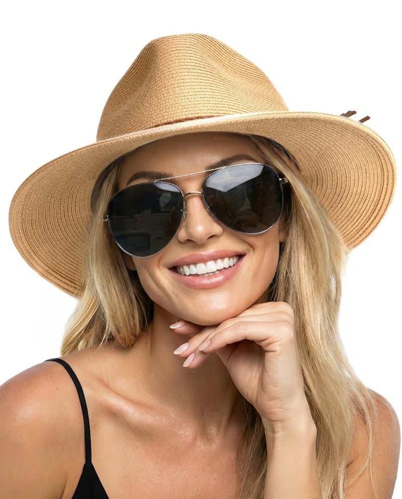 FURTALK Sun Hats for Women Summer Wide Brim UV UPF 80+ Panama Fedora Foldable Packable Straw Beach Hat Khaki - Image 1