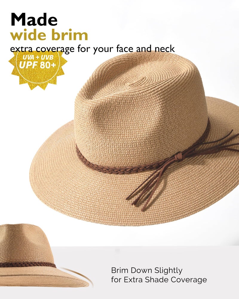 FURTALK Sun Hats for Women Summer Wide Brim UV UPF 80+ Panama Fedora Foldable Packable Straw Beach Hat Khaki - Image 2