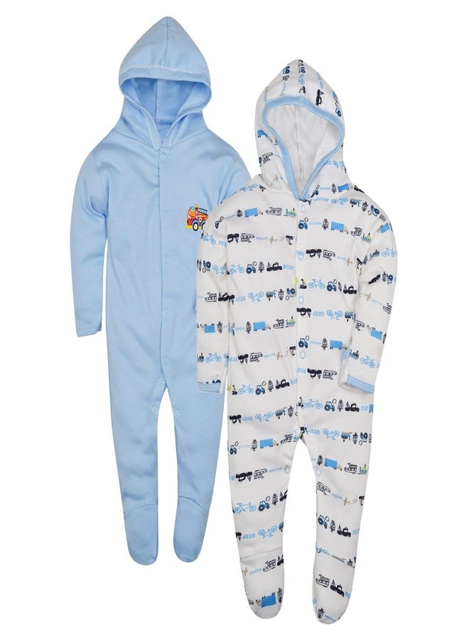 Magic Town® 100% Cotton Unisex Hooded Rompers for Kids and Infants Set of 2 (Sky Blue) (9-12 Months) - Image 1