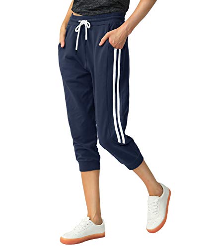 SPECIALMAGIC Women's Capri Pants Cropped Joggers with Pockets Elastic Waist Drawstring Capri Sweatpants Navy Small - Image 4
