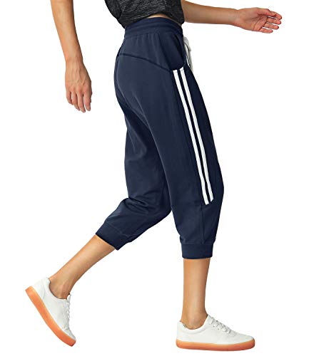 SPECIALMAGIC Women's Capri Pants Cropped Joggers with Pockets Elastic Waist Drawstring Capri Sweatpants Navy Small - Image 3