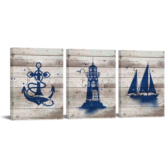3 PIECE NAUTICAL WALL ART SAILBOAT LIGHTHOUSE ANCHOR PAINTING PICTURE NAVY BLUE OCEAN THEME PRINTS FOR HOME BATHROOM WALL DECOR FRAMED 12X16 INCH EACH