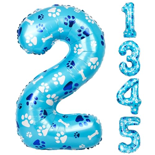 AXBMM 40 Inch Blue Dog Paw Birthday Balloons Number 2 Balloons for Girls Boys Blue Dog Paw Print Themed Birthday Party DecorationsNumber 2 - Image 1