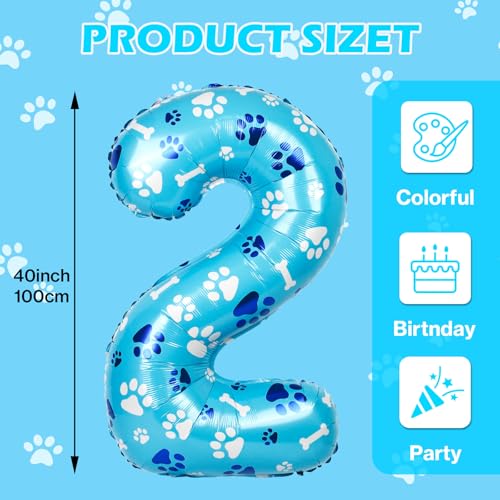 AXBMM 40 Inch Blue Dog Paw Birthday Balloons Number 2 Balloons for Girls Boys Blue Dog Paw Print Themed Birthday Party DecorationsNumber 2 - Image 5