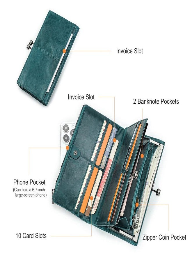 CONTACTS Full Grain Leather Kiss Lock Wallet for Women Vintage Kiss Clasp Wallet Coin Purse RFID Bifold Phone Wallet Card Holder (Peacock Blue) - Image 4