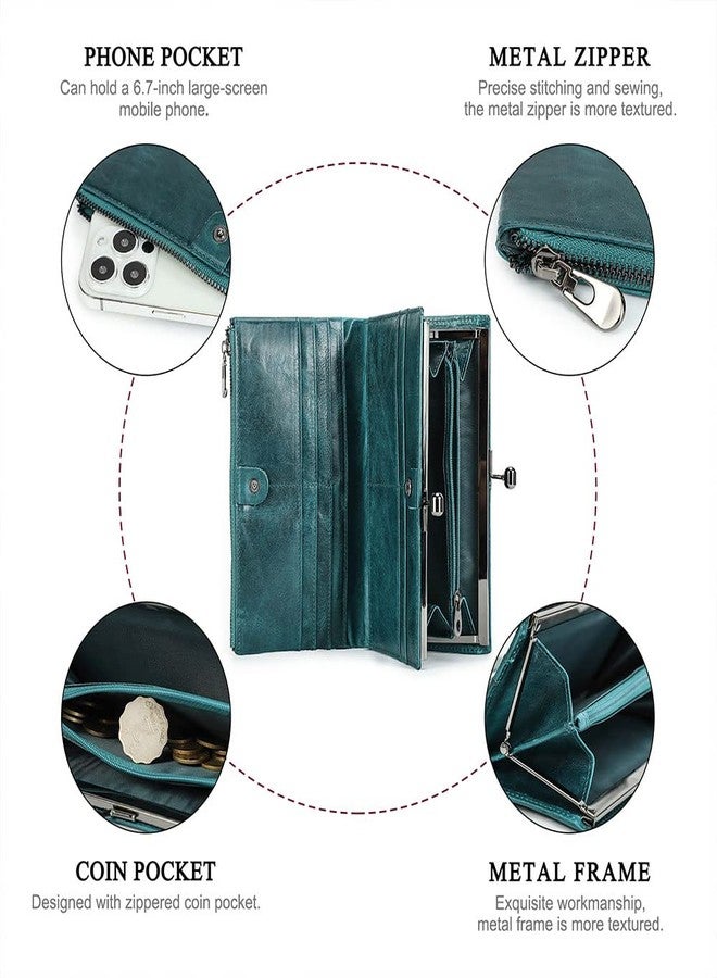 CONTACTS Full Grain Leather Kiss Lock Wallet for Women Vintage Kiss Clasp Wallet Coin Purse RFID Bifold Phone Wallet Card Holder (Peacock Blue) - Image 5