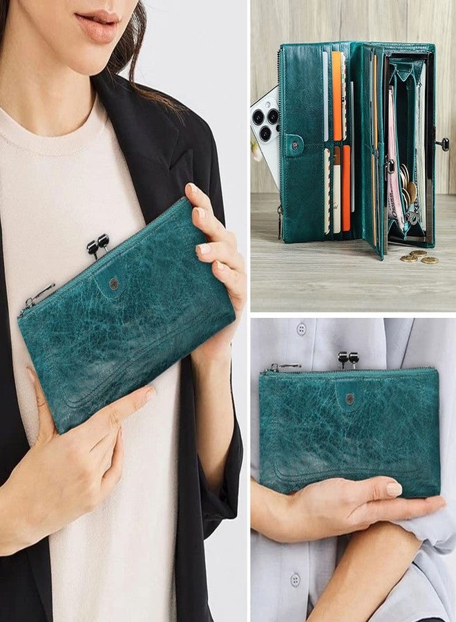 CONTACTS Full Grain Leather Kiss Lock Wallet for Women Vintage Kiss Clasp Wallet Coin Purse RFID Bifold Phone Wallet Card Holder (Peacock Blue) - Image 2