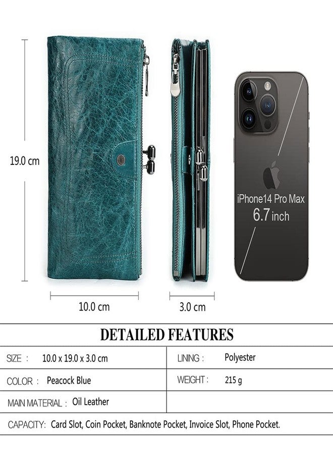 CONTACTS Full Grain Leather Kiss Lock Wallet for Women Vintage Kiss Clasp Wallet Coin Purse RFID Bifold Phone Wallet Card Holder (Peacock Blue) - Image 3