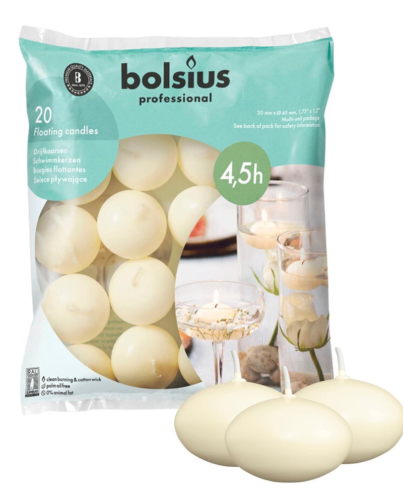 BOLSIUS شموع بولسيوس العائمة غير المعطرة كريمة ناعمة بيضاء 20 مجموعة جودة أوروبية خالية من الدخان تضفي أجواء ساحرة لمراكز الزفاف الرومانسية والديكورات والفعاليات وحفلات العطلات - Image 1