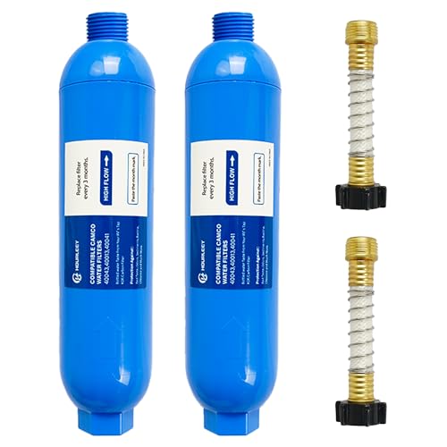 Hourleey 2 Pack RV Inline Water Filter with 2 Flexible Hose Protector, Reduce Bad Taste, Odors, Rust, Fluoride, Chlorine and Sediment in Drinking Water, Dedicated for RVs Campers Marines - Image 1
