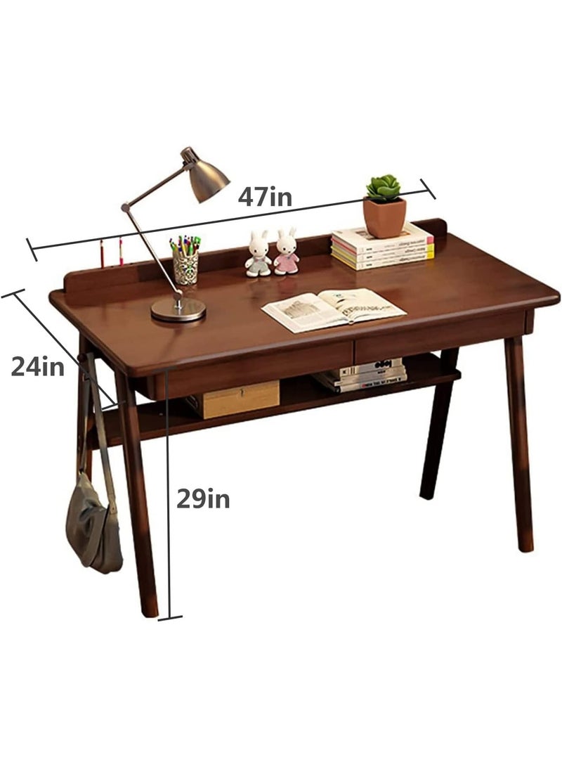 Solid Wood Writing Desk, 47" Mid-Century Modern Walnut Desk, Home Office Computer Desk with 2 Drawers and Storage Shelf, Laptop Desk, Study Table, Work Desk Station - Image 2