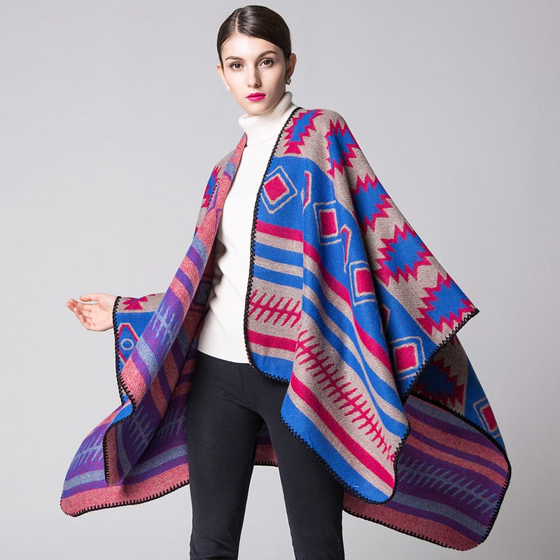 Women Poncho Scarf Cardigan Sweater Geometrical Print Warm Cape Shawl Long Scarves Pashmina Outwear - Image 5