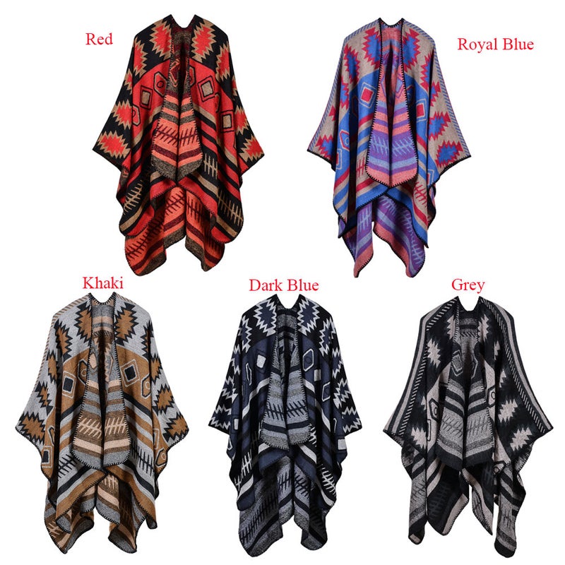 Women Poncho Scarf Cardigan Sweater Geometrical Print Warm Cape Shawl Long Scarves Pashmina Outwear - Image 4
