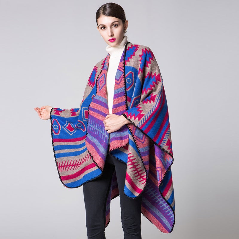 Women Poncho Scarf Cardigan Sweater Geometrical Print Warm Cape Shawl Long Scarves Pashmina Outwear - Image 2