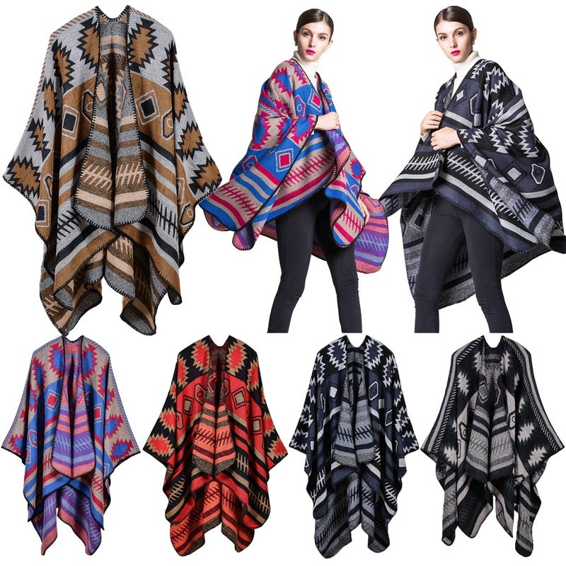 Women Poncho Scarf Cardigan Sweater Geometrical Print Warm Cape Shawl Long Scarves Pashmina Outwear - Image 3