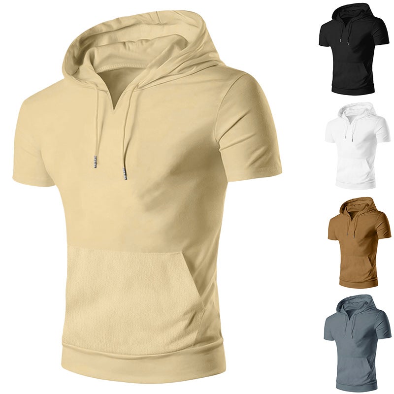 2024 Summer Mens Short Sleeve Hoodie T-shirt Casual Solid Slim Top White - Image 3