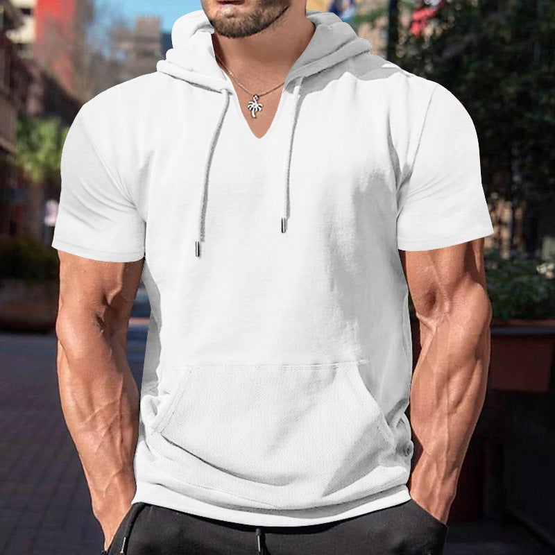 2024 Summer Mens Short Sleeve Hoodie T-shirt Casual Solid Slim Top White - Image 1