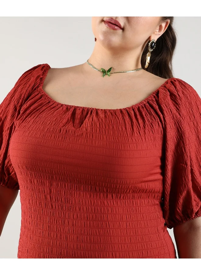 Instafab Plus Women's Scarlet Red Ruched Ruffle Dress For Casual Wear | Square Neck | Short Sleeve | Pull On Closure | Plus-Size Dress Crafted With Comfort With For Everyday Wear