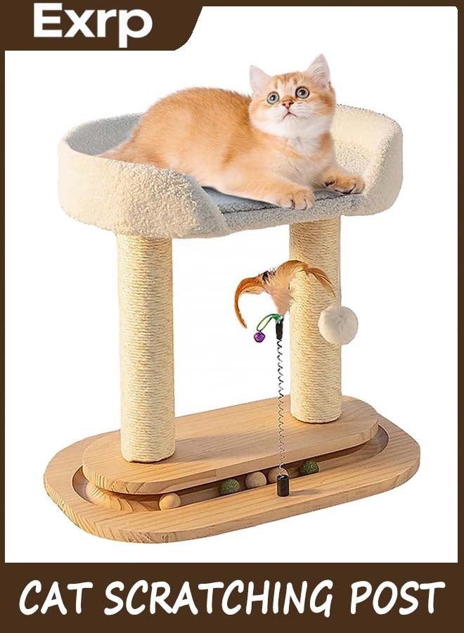 Exrp 5-in-1 Small Wooden Cat Tree Tower,Natural Sisal Cat Scratching Post with Bed for Indoor Cats,Interactive Cat Feather Toy and Wooden Ball Track Toy for Kittens and Cats - Image 1