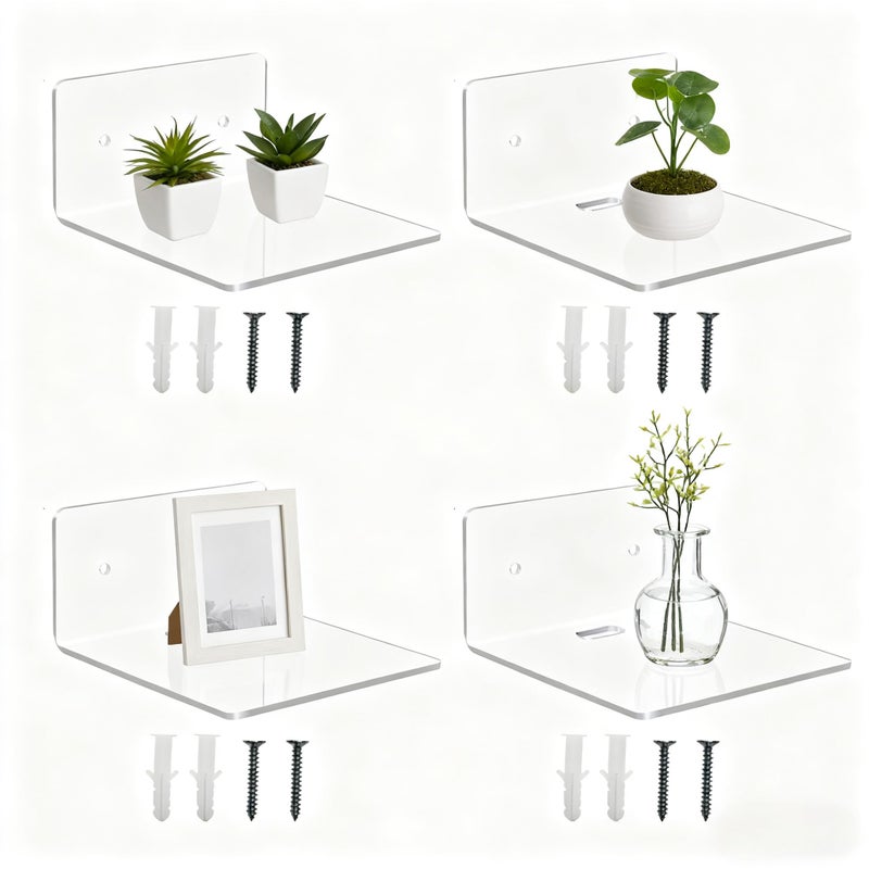 Aiokuo 4 Pack Small Floating Shelves for Wall, 4'' Clear Acrylic Wall Shelf Display Ledges for Bedroom, Bathroom, Living Room & Office, Mini Storage Shelves Screw Installation - Image 1