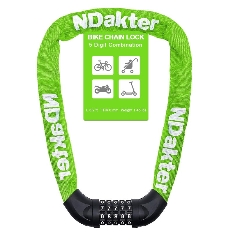 NDakter Bike Chain Lock, 5 Digit Combination Heavy Duty Anti Theft Bicycle Chain Lock,2.62/3.2/4.27/5/6Ft Long Security Resettable Bike Locks for Bike, Bicycle, Scooter, Door, Gate, Fence-4/6mm Thick - Image 1
