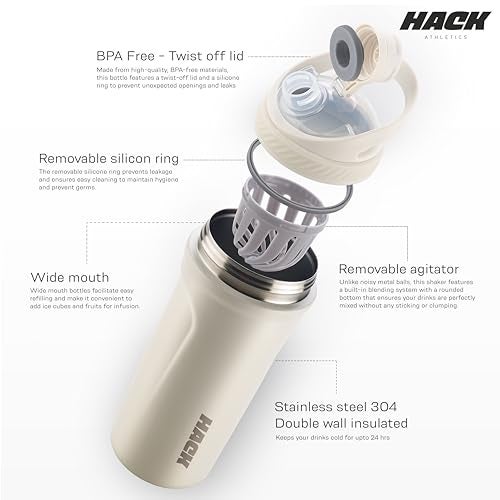 Hack Athletics Premium Stainless Steel Insulated Shaker Bottles for Gym, Protein Shaker, Pre Workout Bottle, Water Bottle for Men and Women, BPA Free Material 100% Leakproof | 709ML (White) - Image 3