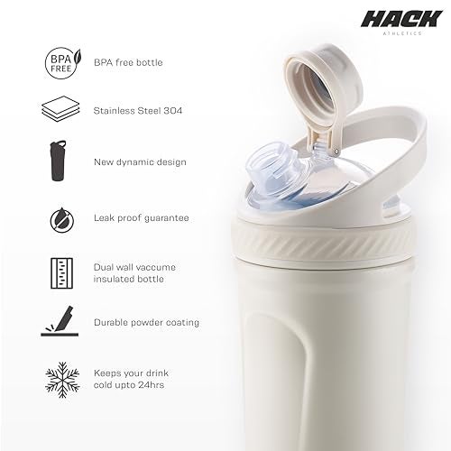 Hack Athletics Premium Stainless Steel Insulated Shaker Bottles for Gym, Protein Shaker, Pre Workout Bottle, Water Bottle for Men and Women, BPA Free Material 100% Leakproof | 709ML (White) - Image 2