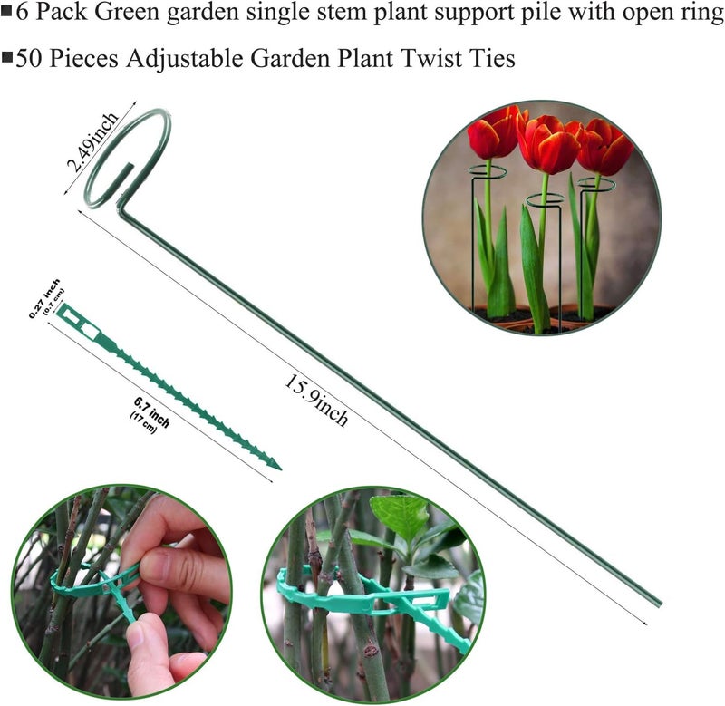 RAIKEDR Plant Stake Support - 6 Pack, Garden Single Stem Support Stake Plant Cage Support Rings, Single Stem Plant Support Stakes, Plant Twist Ties, for Flowers Amaryllis Tomatoes Peony Lily Rose (15.9 inch) - Image 2