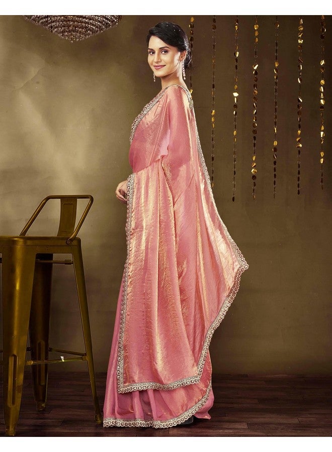 SIRIL SIRIL Women's Tissue Silk Lace Saree With Unstitched Blouse Piece (4422S6851_Rose Pink) - Image 2
