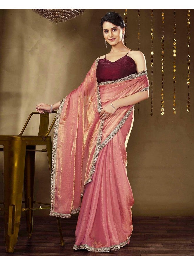 SIRIL SIRIL Women's Tissue Silk Lace Saree With Unstitched Blouse Piece (4422S6851_Rose Pink) - Image 3