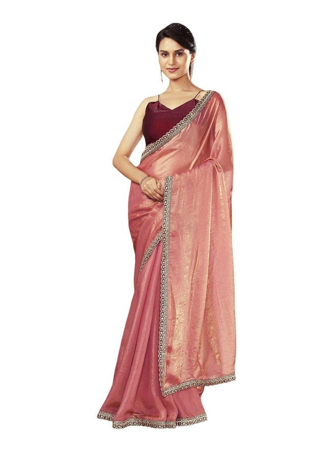 SIRIL SIRIL Women's Tissue Silk Lace Saree With Unstitched Blouse Piece (4422S6851_Rose Pink) - Image 1