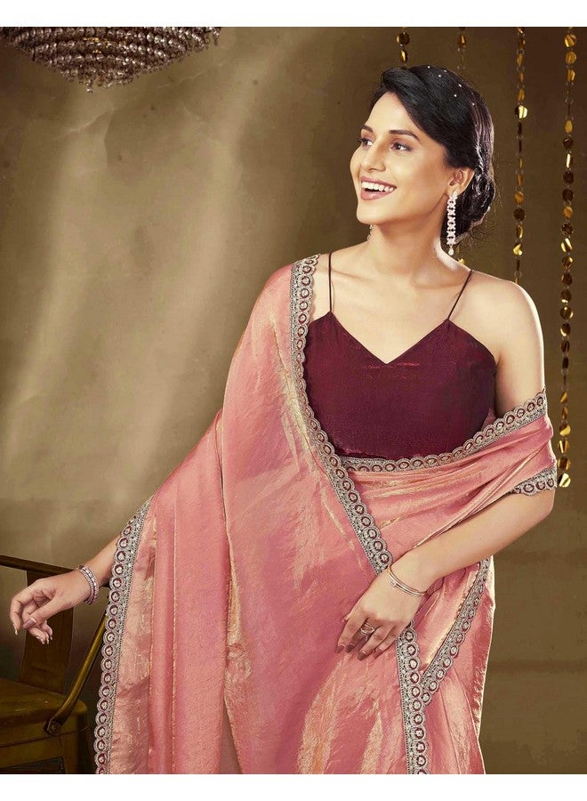 SIRIL SIRIL Women's Tissue Silk Lace Saree With Unstitched Blouse Piece (4422S6851_Rose Pink) - Image 5