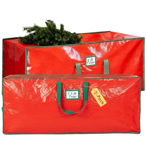 PZU Christmas Tree Storage Bag Set of 2 - Fits Up to 9ft & 7.5ft Artificial Xmas Trees, Heavy-Duty Xmas Holiday Decor Organizer Duffel with Reinforced Handles, Dual Zippers, Tear-Proof Material (Red) - Image 1
