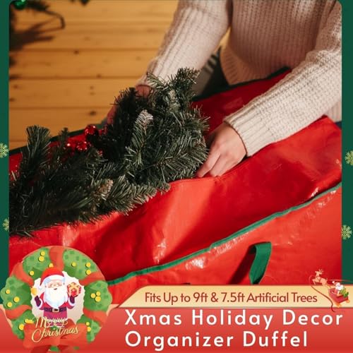 PZU Christmas Tree Storage Bag Set of 2 - Fits Up to 9ft & 7.5ft Artificial Xmas Trees, Heavy-Duty Xmas Holiday Decor Organizer Duffel with Reinforced Handles, Dual Zippers, Tear-Proof Material (Red) - Image 5