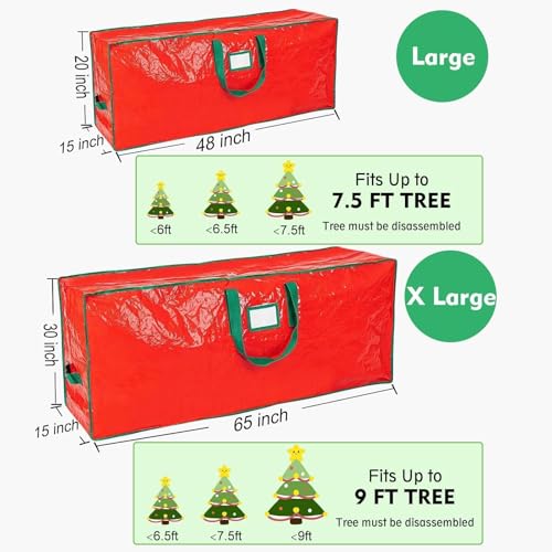 PZU Christmas Tree Storage Bag Set of 2 - Fits Up to 9ft & 7.5ft Artificial Xmas Trees, Heavy-Duty Xmas Holiday Decor Organizer Duffel with Reinforced Handles, Dual Zippers, Tear-Proof Material (Red) - Image 3