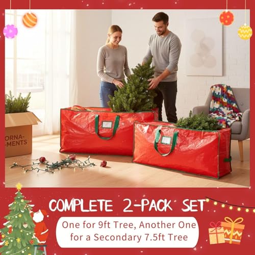 PZU Christmas Tree Storage Bag Set of 2 - Fits Up to 9ft & 7.5ft Artificial Xmas Trees, Heavy-Duty Xmas Holiday Decor Organizer Duffel with Reinforced Handles, Dual Zippers, Tear-Proof Material (Red) - Image 2