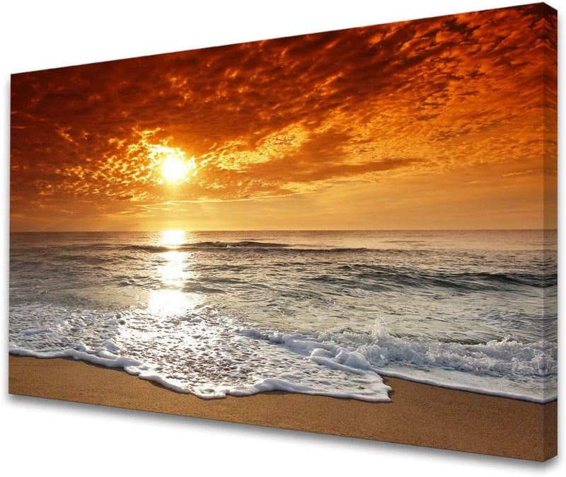 Muolunna S04681 Canvas Prints Wall Art Sunset Ocean Beach Pictures Photo Paintings for Living Room Bedroom Home Decorations Stretched and Framed Ready to Hang Seascape Waves Artwork 32x48inch - Image 1