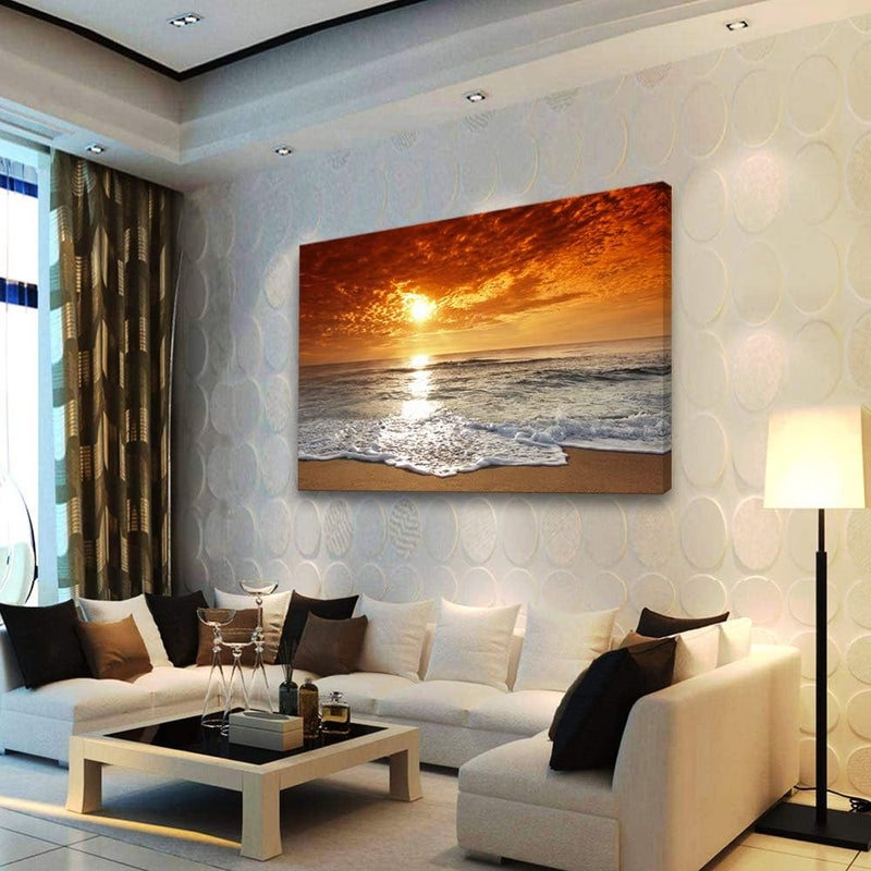 Muolunna S04681 Canvas Prints Wall Art Sunset Ocean Beach Pictures Photo Paintings for Living Room Bedroom Home Decorations Stretched and Framed Ready to Hang Seascape Waves Artwork 32x48inch - Image 2