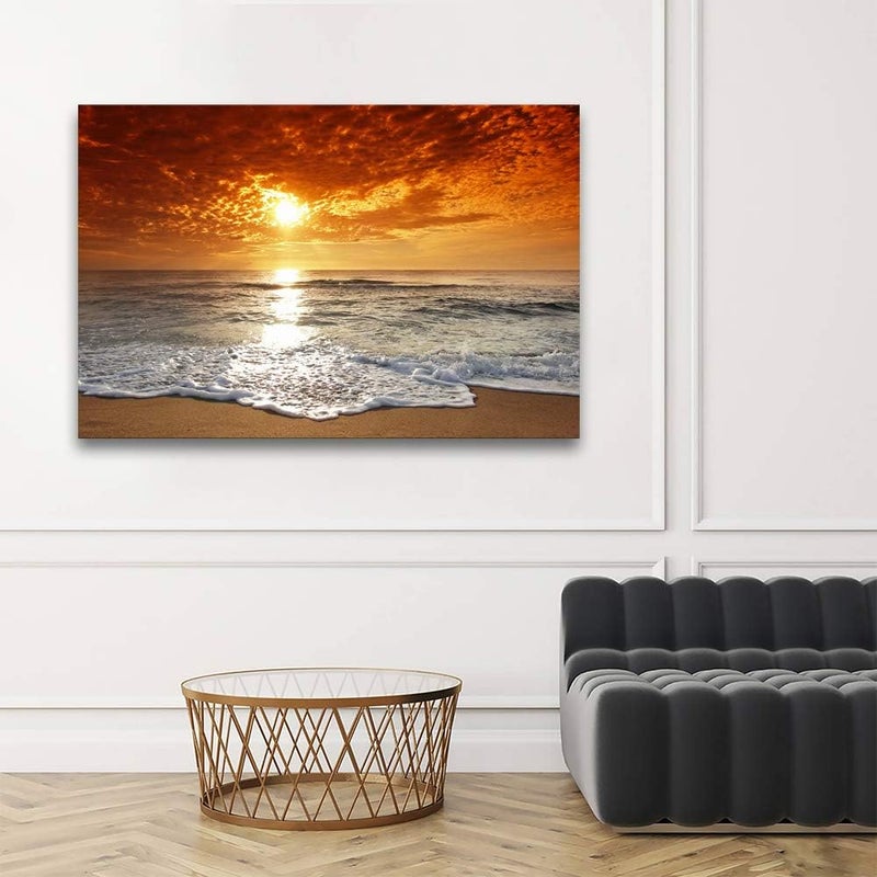 Muolunna S04681 Canvas Prints Wall Art Sunset Ocean Beach Pictures Photo Paintings for Living Room Bedroom Home Decorations Stretched and Framed Ready to Hang Seascape Waves Artwork 32x48inch - Image 5