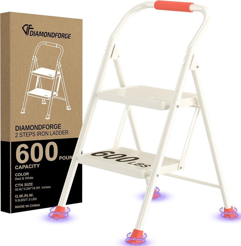 DIAMONDFORGE Foldable Folding Step Ladder Stool - 2 Stepping Tall Extension Heavy Duty with Handrails for Home Adults Kitchen - Extendable Stepladder Closet Stepstool Stair Ladders for Indoor House 600Lbs - Image 1