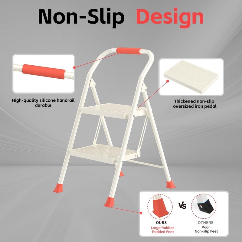 DIAMONDFORGE Foldable Folding Step Ladder Stool - 2 Stepping Tall Extension Heavy Duty with Handrails for Home Adults Kitchen - Extendable Stepladder Closet Stepstool Stair Ladders for Indoor House 600Lbs - Image 2