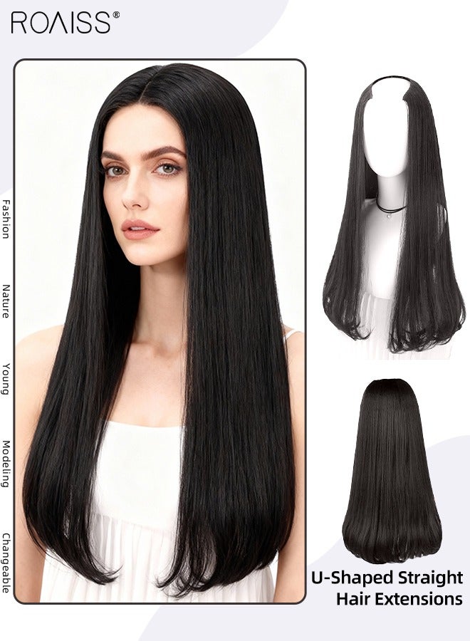 roaiss U-Shaped Straight Hair Invisible Clip-in Extension, One Piece Hair Extension Wig with 4 Clips, Heat Resistant Synthetic Hairpiece for Women , Brown Black, 60cm (24 inches) - Image 1