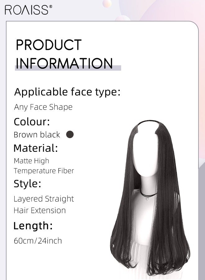 roaiss U-Shaped Straight Hair Invisible Clip-in Extension, One Piece Hair Extension Wig with 4 Clips, Heat Resistant Synthetic Hairpiece for Women , Brown Black, 60cm (24 inches) - Image 2