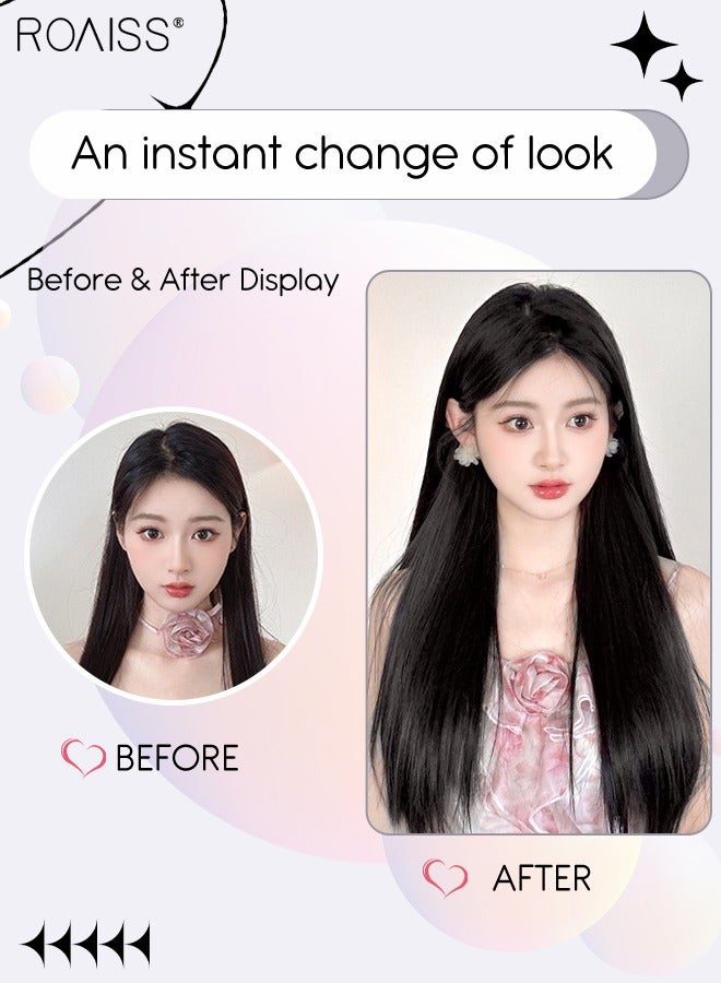 roaiss U-Shaped Straight Hair Invisible Clip-in Extension, One Piece Hair Extension Wig with 4 Clips, Heat Resistant Synthetic Hairpiece for Women , Brown Black, 60cm (24 inches) - Image 3