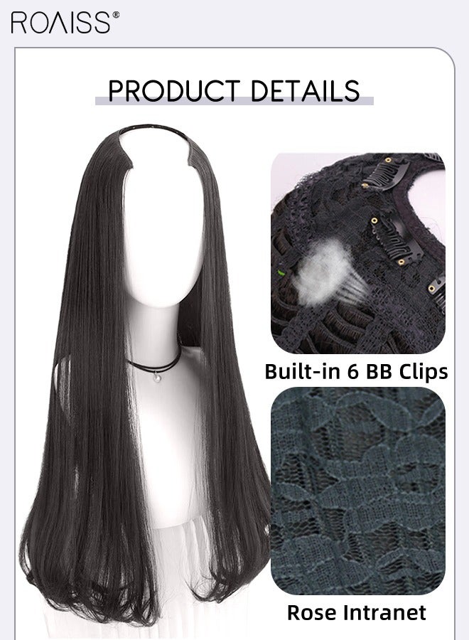 roaiss U-Shaped Straight Hair Invisible Clip-in Extension, One Piece Hair Extension Wig with 4 Clips, Heat Resistant Synthetic Hairpiece for Women , Brown Black, 60cm (24 inches) - Image 4