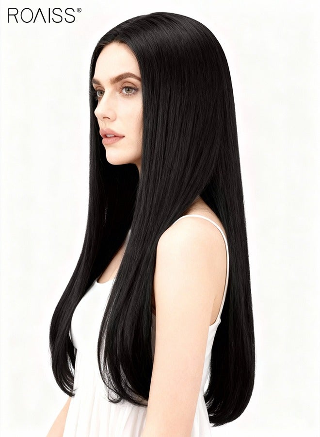 roaiss U-Shaped Straight Hair Invisible Clip-in Extension, One Piece Hair Extension Wig with 4 Clips, Heat Resistant Synthetic Hairpiece for Women , Brown Black, 60cm (24 inches) - Image 5