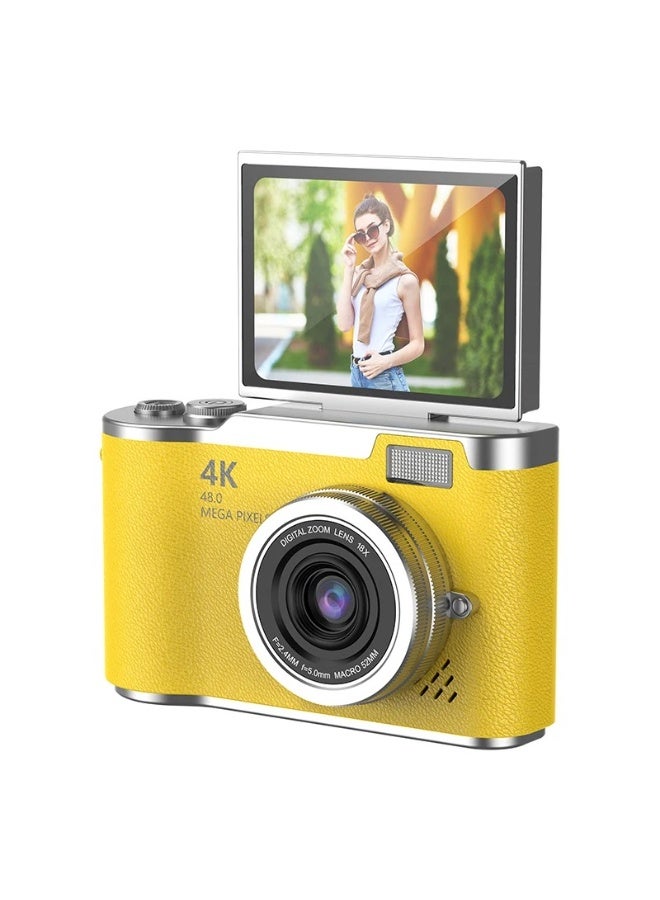 48MP CCD Digital Zoom Portable Digital Camera with 180° Flip Screen for Selfies, 4K HD Photography, Yellow - Image 1