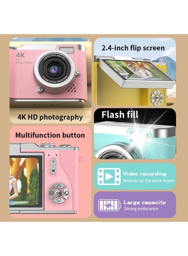 48MP CCD Digital Zoom Portable Digital Camera with 180° Flip Screen for Selfies, 4K HD Photography, Yellow - Image 2